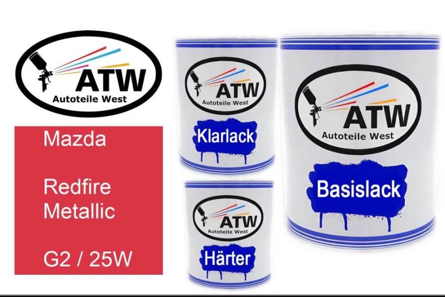 Mazda, Redfire Metallic, G2 / 25W: 1L Lackdose + 1L Klarlack + 500ml Härter - Set, von ATW Autoteile West.